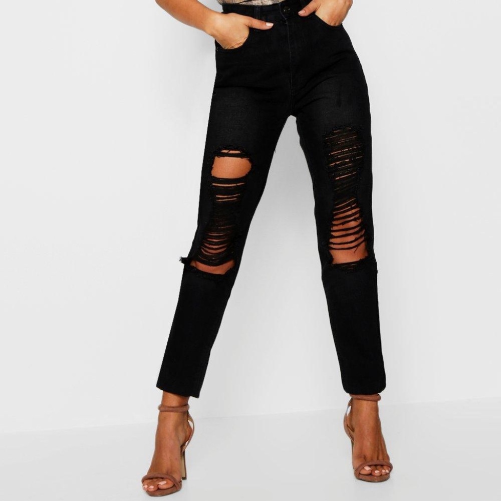 Black High Waisted Ripped Mom Jeans